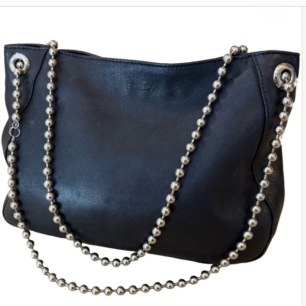 Authentic Furla Black Leather Shoulder Bag | Silver Chain Detail | Verified COA